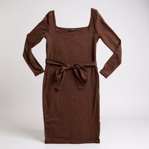 SHEIN NWOT Maternity Chic Sweetheart Neck Belted Dress Midi Timeless Brown L